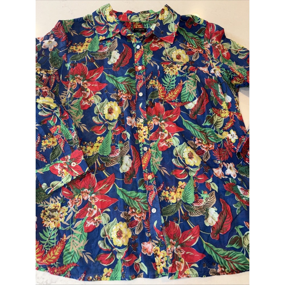 1X Talbots Long‎ Sleeve Tropical Floral Top Button Up Blouse Lightweight Cotton